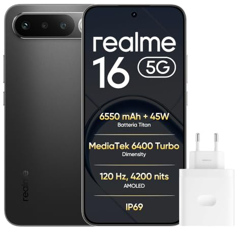 realme 16 5G Smartphone, Batteria Titan 6550mAh, 6GB RAM + 256GB, Doppia Camera Sony AI 50MP, IP69, Display AMOLED 4200 nit, Ricarica 60W, Design Sottile, Dual SIM, eSIM, Air Black