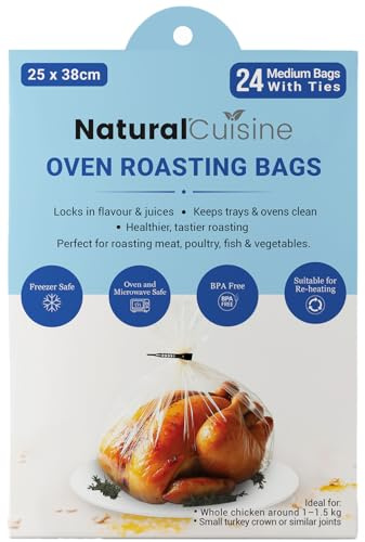 Natural Cuisine Oven Roasting Bags 25 x 38cm – Pack of 24 Medium Bags with Ties – BPA Free, Oven & Microwave Safe – Ideal for Chicken, Meat & Vegetables | With Ties
