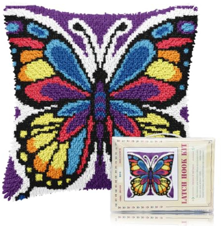 FREEBLOSS Latch Hook Kits for Adults Beginners Butterfly Pre Printed DIY Crochet and Latch Kits Pillow Cover for Home Sofa Decoration, Includes Instructions 17 * 17 inches