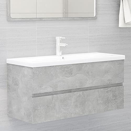 Ordellia Tvättställsskåp, betonggrå av trämaterial med infällda keramiska handfat 100 x 38,5 x 45 cm, 1 låda, trycköppning avloppsarmatur, kran, lagringsutrymme för badrum, gäster, WC