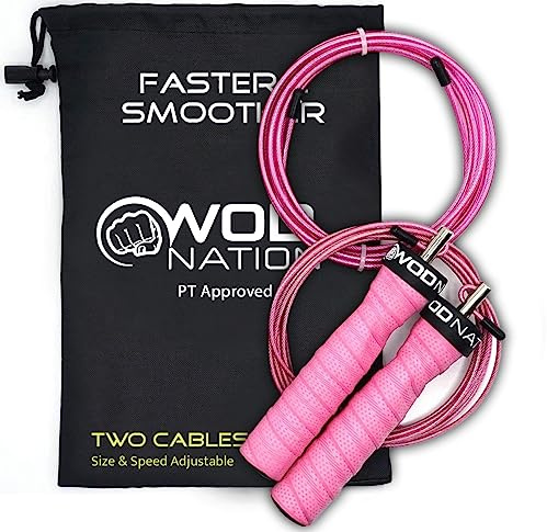 WOD Nation Adjustable Jump Rope - Speed Jump Rope Cables 2.2mm & 3.3mm for Agility - Ergonomic Handles & Smooth Spin for Fitness Equipment - Compact & Portable Workout Equipment - Pink, 11 ft