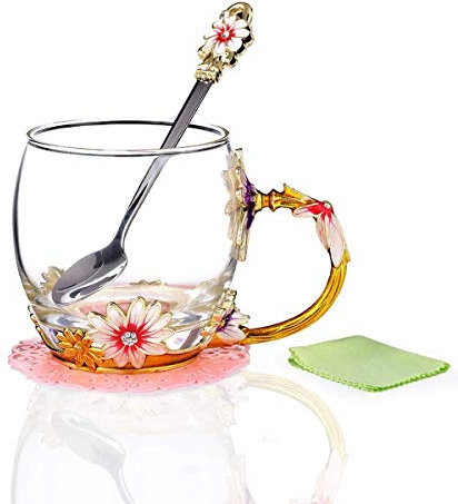 YBK Tech Kreative Blume Glastasse Kristallglas Teetasse mit Griff für heiße Getränke, Eistee, nackten Saft – Chrysantheme (klein (320 ml) ohne Geschenk-Box)