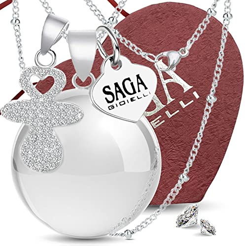 SAGA GIOIELLI® Collar llamador de ángeles, bola mexicana, colgante de chupete con cristales - cadena de acero