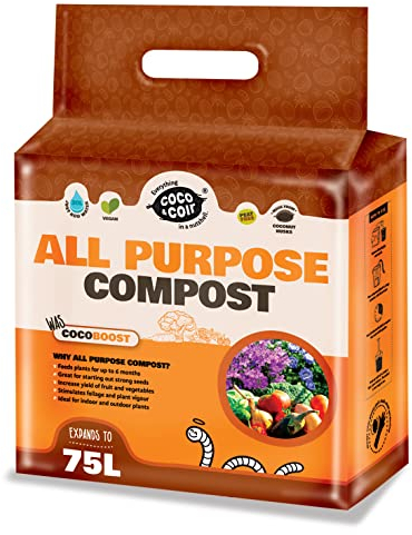 Coco & Coir All Purpose Compost. Peat-free Coco Soil for Plants Indoors. Potting Soil Fertilised with NPK - Coco Boost (75L)