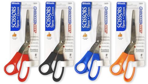 BAZIC Products Left Handed Stainless Steel Scissors 8, Bent Handle Sharp Scissor Blades, Tailoring Cutting Fabric Craft Sewing for School Office, 1 UNIT, RANDOM COLOR