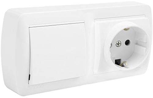 Schuko + Interruptor/Conmutador de Superficie • Interruptor conmutador de superficie • Enchufe de pared • Toma corriente • Color blanco