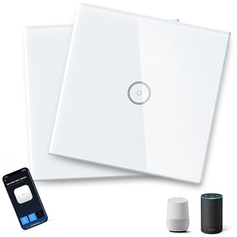 Aigostar Alexa Smart Lichtschalter, 1 Weg Wifi Lichtschalter Kompatibel mit Alexa/Google Home, APP Fernbedienung Intelligenter Schalter mit WLAN Glas Touchscreen, Timing-Funktion, 2 Pack