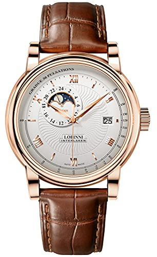 LOBINNI Herren-Armbanduhr mit Mondphase, Edelstahl, automatisch, mechanisch, analog, Business, Freizeit, Mode, Luxus, Kalenderuhr