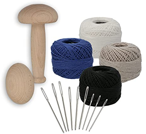 Lantelme Stopfset mit Stopfpilz und Stopfei aus Holz mit 9 Stopfnadeln und 4 Stopfgarn | in 4 Farben Weiß Blau Grau Schwarz | Nähset für Strümpfe Socken Kleidung Reparatur Nähwerkzeug