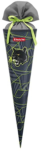 Step by Step Schultüte „Dark Cat Chiko“, passend zum Schulranzen, aus recycelten PET-Flaschen, Verschluss aus Stoff, 5L Füllvolumen, 70 cm Höhe, für die 1. Klasse, gelb-grau-schwarz