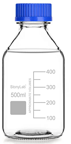 stonylab Graduierte Aufbewahrungsflaschen mit GL45 Schraubverschluss, 500 ml Glas klare Runde Laborreagenzien Aufbewahrungsflaschen mit Blauem Schraubverschluss, 1 Pack