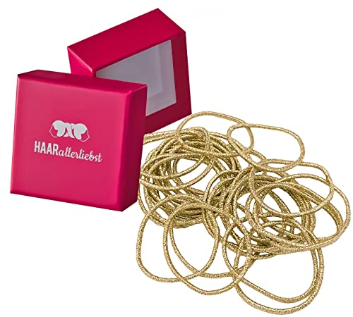 Haarallerliebst Haargummi Damen Gold für alle Haarfarben (30 Stück | 1,5mm dünn) - Dünne Haargummis nahtlos für Zopf & Dutt - Haargummis Damen | Zopfgummi | Hair Ties