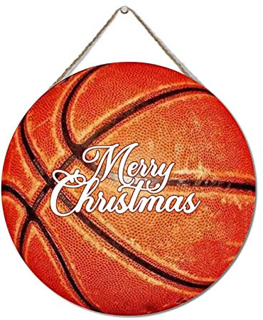 Wood Plaque Merry Christmas Basketball Wood Pallet Plaque Wall Hanging Sign Kids Coach Boys Basketball Player Gifts Vintage Wall Door Art Sign Hanging Wooden Sign 12x12in Round