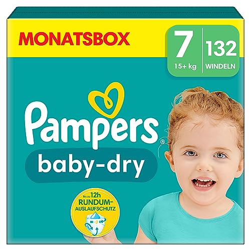 Pampers Baby-Dry Größe 7, 132 Windeln, 15kg+, Bis zu 100% Auslaufschutz & Komfort die ganze Nacht