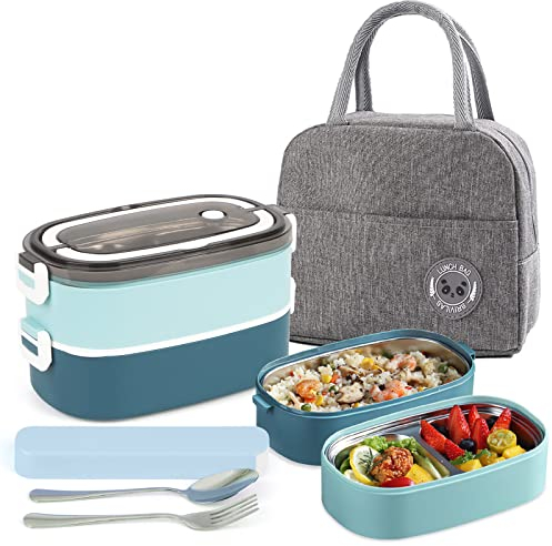 UHAPEER 2 Tier Bento Box for Adults and Kids With 3 Compartments, Cutlery, and Lunch Bag - Leakproof and Portable for Work, Office, School