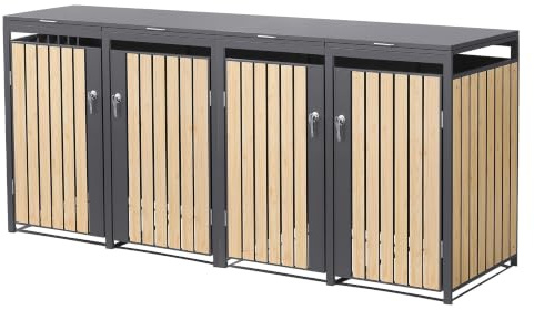 ML-Design Mülltonnenbox 4er 240L, Mülltonnenverkleidung für 4 Mülltonnen, Müllbox wetterfest, Mülltonnenhaus aus Stahl, Müllcontainer mit Deckel, abschließbare Tür, 264x80x120 cm, Anthrazit-Holzoptik