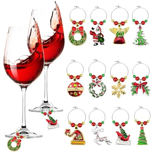EMAGEREN 12 Stück Weinglas Charms Weihnachten Aluminium Glasmarkierer Weihnachten Getränke Marker Glas Markierung Glasmarker Weinglas Charm Ringe Charms Anhänger für DIY Handwerk Party, Silber