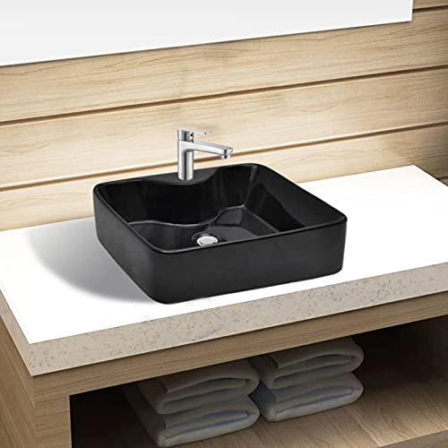 Homgoday Keramik Waschbecken mit Hahnloch Schwarz Quadratisch Waschschale Waschtisch Waschplatz Handwaschbecken Aufsatzwaschbecken für Badezimmer und Gäste-WC