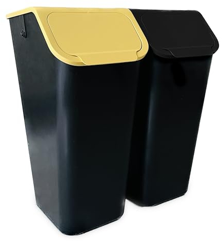 Go Practic Kitchen Bin, Set of 2 x 35L With Yellow and Black Click Lid, For Plastic And Mixed Waste, Recycling, Waste Sorting Bins, With Click Lid Container Trash Can Under Sink Kitchen Bins +Filters