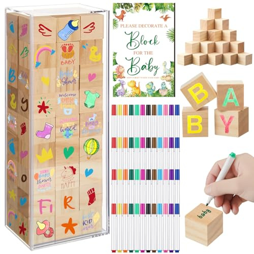 Tenceur 104 Pcs Baby Shower Game Sign Set Baby Shower Blocks to Decorate 54 DIY Blank Wooden Block 48 Watercolor Markers with Acrylic Box Set for Games Gender Reveals Party Supplies(Dinosaur)