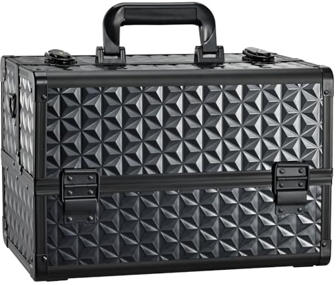 Joligrace Makeup Train Case Professional Cosmetic Organizer Aluminum Storage Box with 4 Adjustable Dividers Trays Lockable Portable with Shoulder Strap - Black