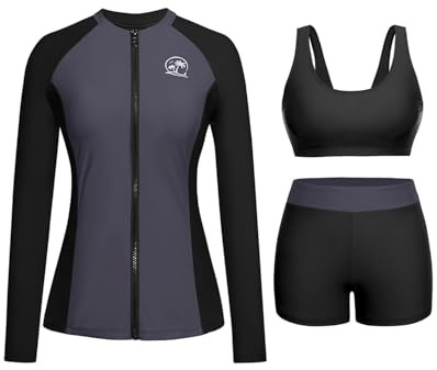 Holipick Women's 3 Piece Rash Guard Set, Grey and Black, Medium