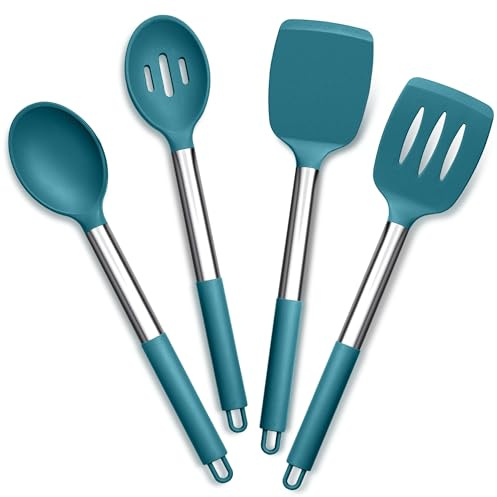 Joyfair 4Pcs Silicone Kitchen Utensils Ideal for Serving Stirring - Blue | Non-Stick, Non-Toxic, Stainless Steel Core, Sturdy Enough, Heat Resistant, Multi-Purpose Use, Hanging Hole, Dishwasher Safe