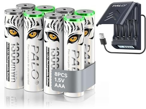 Mspalocell 1300mWh 1,5V Batterie au Lithium AAA Rechargeable avec Chargeur, Chargeur Rapide de Batterie au Lithium AAA 1,2V Ni-MH/1,5V, câble USB intégré Chargeur Intelligent LCD, 8 Piles AAA