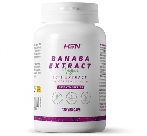 HSN Extracto de Banaba 500mg | 120 Cápsulas Vegetales 100% a partir de la hoja de Lagerstroemia speciosa - Con Picolinato de Cromo | No-GMO, Vegano, Sin Gluten