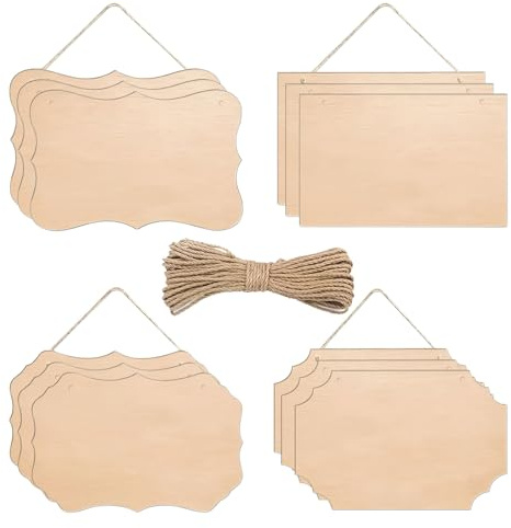 12 Piezas Letreros Colgante de Madera,4 Estilos Cartel de Madera Personalizado Sin Pintar con 2 Agujeros y 10 M Cuerda de Yute para Pirograbado,Pintura,Escritura,Decoración
