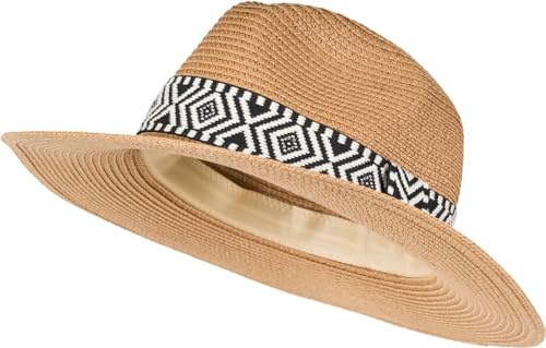 styleBREAKER Damen Panama Sonnenhut Azteken Muster | Leichtes Papierstroh, 7,5 cm breite Krempe, 12 cm Höhe, 32 cm Durchmesser, Schweißband, Zugband (59 cm Umfang), Stoffband.
