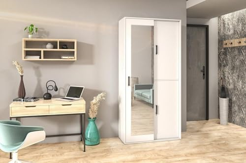 BEAUTY SOFA - Armoire à Miroir Avec Portes Coulissantes - Multi-Usages Pour Couloir - Étagères et Tringle à Vêtements - Blanc - Largeur 100 cm