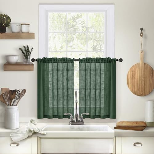 Whoiy Scheibengardinen Lichtdurchlässig Dunkelgrün 63 cm Höhe, Bistrogardine Küche Einfarbig Leinenoptik Fenstervorhänge 2 Teilig Gardine Kurz Modern 63x63.5cm