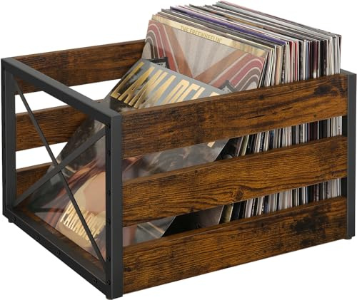 YINMIT Förvaring av vinylskiva, stor förvaringslåda för LP-vinylskiva, metall och trä vinylskivor, skivorganiseringslåda, rymmer upp till 80+ skivor