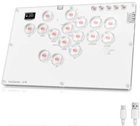 AceGame Arcade Stick 16Keys All-Button Gamerfinger with Turbo Functions & Custom RGB,Arcade Controller Street Fight for PC/Ps3/Ps4/Switch/Steam Game Keyboard-Supports Hot Swap & SOCD (WHITE)