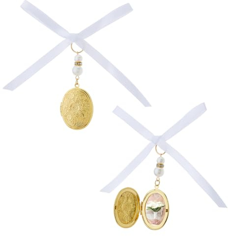 SUPERFINDINGS 2 Stück Schleifenstrauß Foto Medaillon Anhänger Aus Messing Mit Imitierten Perlen Und Satinband Gold Ovaler Rial Engel Foto Anhänger Für Brautdekorationen