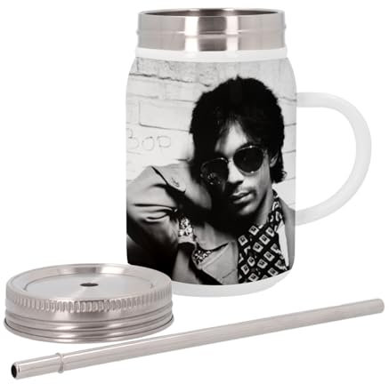 Tazza termica in acciaio inox con coperchio e cannuccia, occhiali cantante Funk Pop Star Celebrite, 500 ml