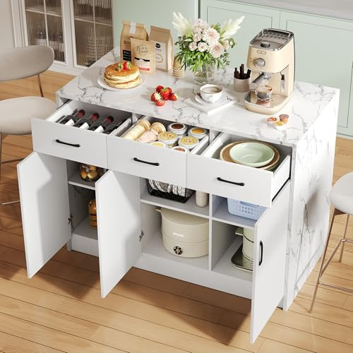 Huayz Armadio da cucina 120 x 60 x 90,5 cm, 3 cassetti e 3 ante, design marmo bianco, ripiani regolabili, design zona bar – Utensili da cucina eleganti e pratici