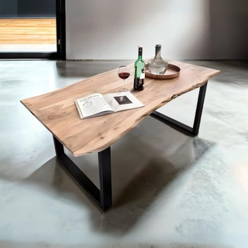 Bett11 Esstisch 220x100 cm naturfarben, Akazienholz massiv 26mm, U-Gestell schwarz, Baumkantentisch aus Holz, Casa Massiva