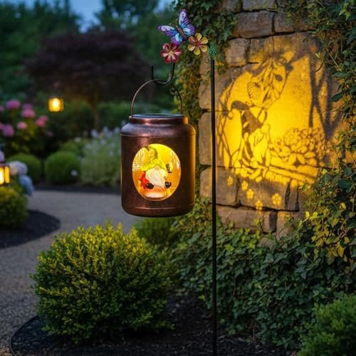 Gnome Gifts for Women/Men Gnomes Lovers Mom Birthday Mothers Day Gifts, Metal Solar Lanterns with Resin Gnome Figurine Inside,Funny Garden Decorations for Yard, Patio,Porch(Shepherds Hook Included)