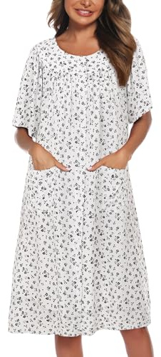 COSUNIONY House Dresses for Women Cotton Short Sleeve House Coat Buttons Down Dusters Robe with Pockets S-XXL