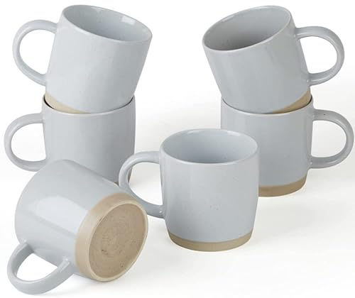 Richmount Milkyway - Juego de 6 tazas de café de cerámica de 340 ml con asa grande para café con leche, capuchino, leche, cacao, té, microondas y lavavajillas, color gris claro