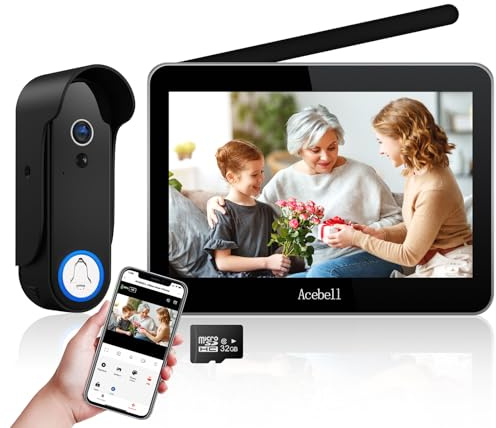ACEBELL 1080P WiFi Visiophone Sans Fil,Interphone Vidéo Sans Fil avec Écran Tactile 7'', Étanche Sonnette de Camera ave Batterie Rechargeable, Vision Nocturne, PIR Détection de Mouvement, Contrôle APP