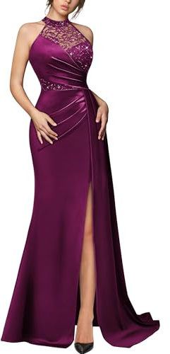 Miusol Women's Sexy Halter Sequin Lace Satin High Split Ruched Style Evening Party Maxi Dress (Large, Maroon)