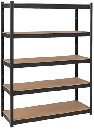Intec – Estantería de almacenamiento de metal negro, 120 x 60 cm x 180 cm, alta calidad, carga pesada, 1500 kg, 5 bandejas de madera