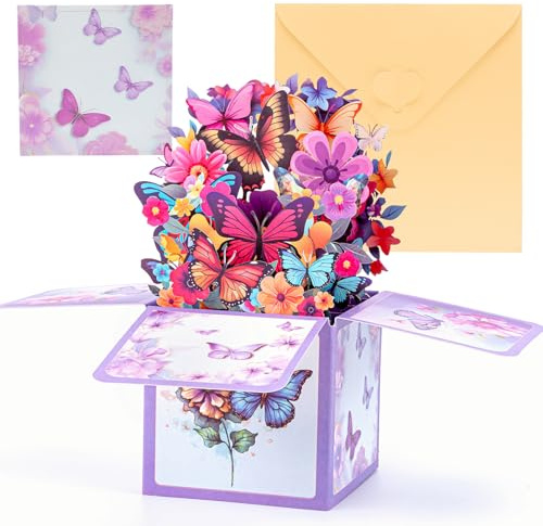Carte d'Anniversaire 3D pour Femme avec Motif Papillon Pop Up, Inclut Enveloppe, Idéale pour Mère, Fille, Fête des Mères, Anniversaire de Mariage et Carte de Remerciement - Colorée
