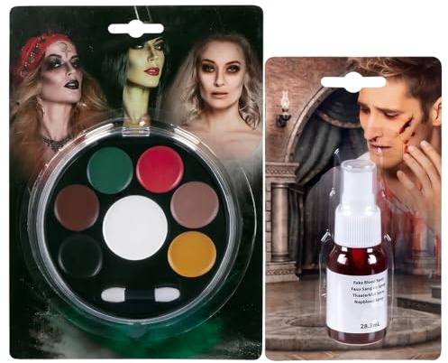 com-four® Halloween Schminkset mit Fettschminke & Kunstblut Spray | Gesichtsfarbe & Theaterblut für Horror Make-up - Kostüm & Karneval