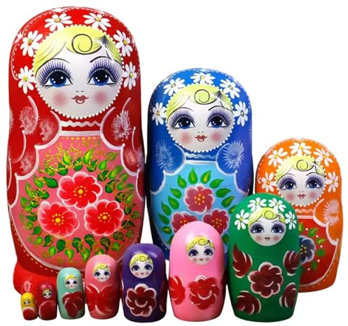 Joygoodta Russische Matroschka-Puppen, 10 Stück/Set, Holzstapel-Matroschka-Puppe für Kinder, Kinder, Erwachsene, Heimregal
