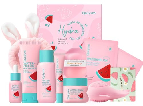 QUIYUM Coffret Cadeau Soin Visage Ado Fille - Routine Peaux Jeunes 10 PCS | Kit Skincare Pastèque & Niacinamide : Nettoyant, Tonique, Sérum, Crème Yeux, Crème Visage et Masques pour Teint Éclatant