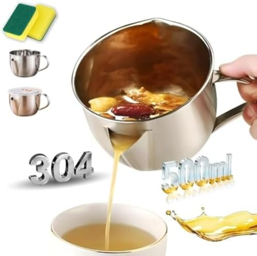 Séparateur de graisse avec double bec verseur – Acier inoxydable 304, séparateur de sauce et séparateur de graisse, avec poignée ergonomique résistante à la chaleur, réutilisable, pour soupe